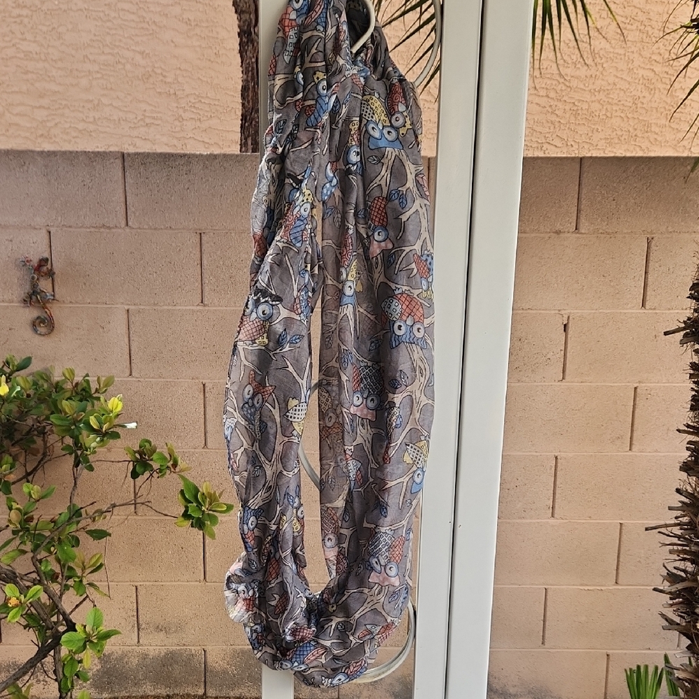 Whimsical Owl Print Infinity Scarf - Gray Multi